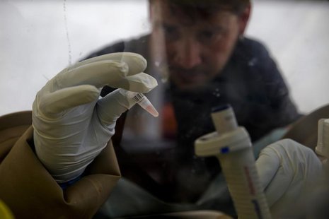 A scientist separates blood cells from plasma cells to isolate any Ebola RNA in order to test for the virus at the European Mobile Laborator A scientist separates blood cells from plasma cells to isolate any Ebola RNA in order to test for the virus at the European Mobile Laborator