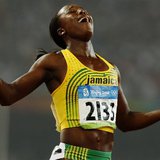 Veronica Campbell-Brown of Jamaica celebrates winning the women's 200m final of the athletics competition in the National Stadium at the Bei Veronica Campbell-Brown of Jamaica celebrates winning the women's 200m final of the athletics competition in the National Stadium at the Bei