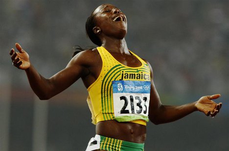 Veronica Campbell-Brown of Jamaica celebrates winning the women's 200m final of the athletics competition in the National Stadium at the Bei Veronica Campbell-Brown of Jamaica celebrates winning the women's 200m final of the athletics competition in the National Stadium at the Bei