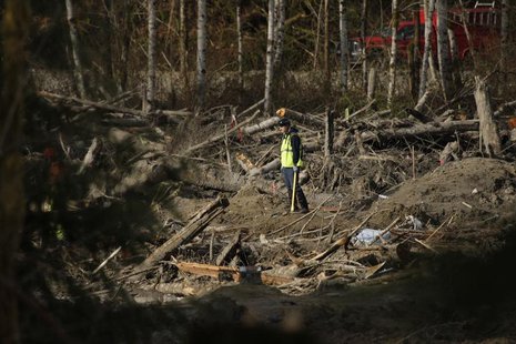 A worker looks on as search work continues in the mud and debris from a massive mudslide that struck Oso near Darrington, Washington April 2 A worker looks on as search work continues in the mud and debris from a massive mudslide that struck Oso near Darrington, Washington April 2