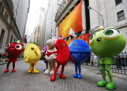 Mascots dressed as characters from the mobile video game "Candy Crush Saga" pose outside the New York Stock Exchange ahead of the IPO of Mob Mascots dressed as characters from the mobile video game "Candy Crush Saga" pose outside the New York Stock Exchange ahead of the IPO of Mob