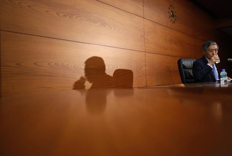 Bank of Japan Governor Haruhiko Kuroda casts his shadow on a wall as he drinks a cup of water during a news conference at the BOJ headquarte Bank of Japan Governor Haruhiko Kuroda casts his shadow on a wall as he drinks a cup of water during a news conference at the BOJ headquarte