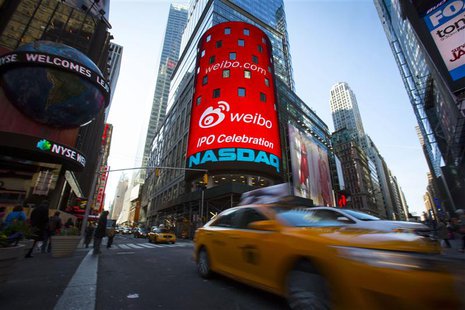 The Weibo logo is seen at the NASDAQ MarketSite in Times Square in celebration of its initial public offering (IPO) on The NASDAQ Stock Mark The Weibo logo is seen at the NASDAQ MarketSite in Times Square in celebration of its initial public offering (IPO) on The NASDAQ Stock Mark