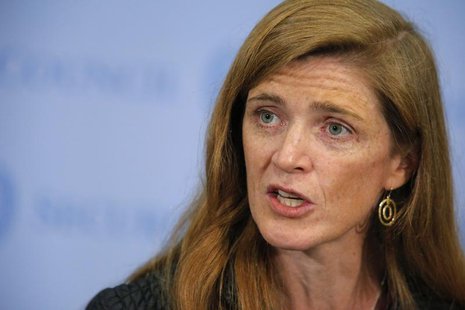 U.S. ambassador to the United Nations Samantha Power speaks to the media after voting on a resolution approving U.N. peacekeepers for Centra U.S. ambassador to the United Nations Samantha Power speaks to the media after voting on a resolution approving U.N. peacekeepers for Centra