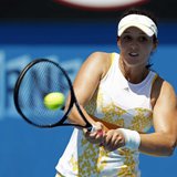 Laura Robson of Britain hits a return to Kirsten Flipkens of Belgium during their women's singles match at the Australian Open 2014 tennis t Laura Robson of Britain hits a return to Kirsten Flipkens of Belgium during their women's singles match at the Australian Open 2014 tennis t