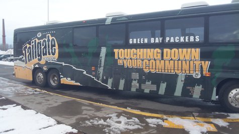 Green Bay Packers Tailgate Tour bus outside Superior High School Green Bay Packers Tailgate Tour bus outside Superior High School
