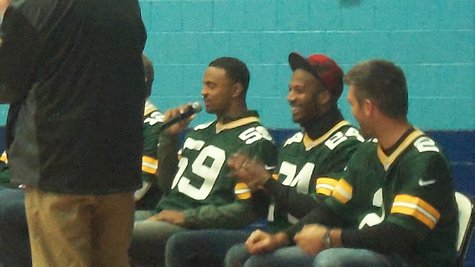 Packer LB Brad Jones answering a fan's question (to his right are Jarrett Bush and Mason Crosby) Packer LB Brad Jones answering a fan's question (to his right are Jarrett Bush and Mason Crosby)