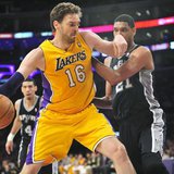 March 19, 2014; Los Angeles, CA, USA; Los Angeles Lakers center Pau Gasol (16) moves to the basket against the San Antonio Spurs during the March 19, 2014; Los Angeles, CA, USA; Los Angeles Lakers center Pau Gasol (16) moves to the basket against the San Antonio Spurs during the