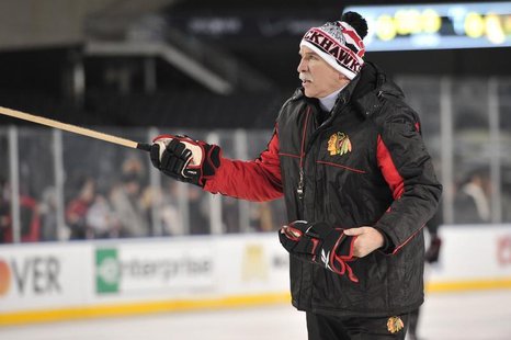 Feb 28, 2014; Chicago, IL, USA; Chicago Blackhawks head coach Joel Quenneville during practice the day before a Stadium Series hockey game a Feb 28, 2014; Chicago, IL, USA; Chicago Blackhawks head coach Joel Quenneville during practice the day before a Stadium Series hockey game a