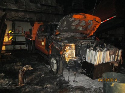 Truck damage from a highway barn fire on Highway 97 in Marathon County. Truck damage from a highway barn fire on Highway 97 in Marathon County.
