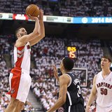 Apr 19, 2014; Toronto, Ontario, CAN; Toronto Raptors guard Greivis Vasquez (21) hits a three-pointer against the Brooklyn Nets in game one d Apr 19, 2014; Toronto, Ontario, CAN; Toronto Raptors guard Greivis Vasquez (21) hits a three-pointer against the Brooklyn Nets in game one d