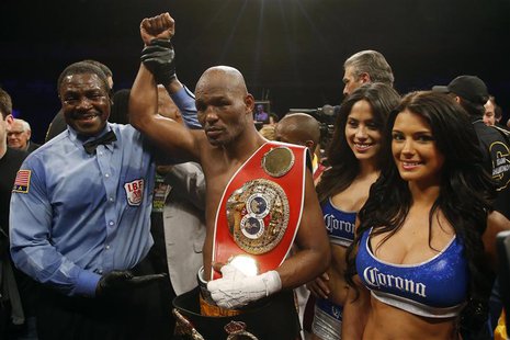 Apr 19, 2014; Washington, DC, USA; Bernard Hopkins celebrates after his split decision victory over Beibut Shumenov at DC Armory. Mandatory Apr 19, 2014; Washington, DC, USA; Bernard Hopkins celebrates after his split decision victory over Beibut Shumenov at DC Armory. Mandatory