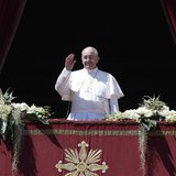 Pope Francis waves as he arrives to deliver the Urbi et Orbi (to the city and the world) benediction at the end of the Easter Mass in Saint Pope Francis waves as he arrives to deliver the Urbi et Orbi (to the city and the world) benediction at the end of the Easter Mass in Saint