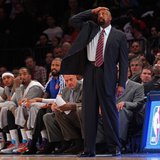 Feb 28, 2014; New York, NY, USA; New York Knicks head coach Mike Woodson reacts in the second half against the Golden State Warriors at Madi Feb 28, 2014; New York, NY, USA; New York Knicks head coach Mike Woodson reacts in the second half against the Golden State Warriors at Madi