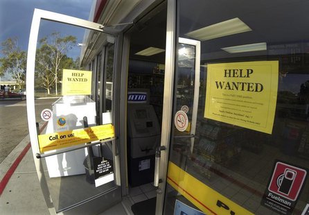 A help wanted sign is posted on the door of a gas station in Encinitas, California September 6, 2013. REUTERS/Mike Blake A help wanted sign is posted on the door of a gas station in Encinitas, California September 6, 2013. REUTERS/Mike Blake