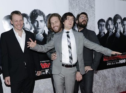 (L-R) Executive producer Alec Berg and cast members T.J. Miller, Josh Brener and Martin Starr attend the Los Angeles premiere for the new HB (L-R) Executive producer Alec Berg and cast members T.J. Miller, Josh Brener and Martin Starr attend the Los Angeles premiere for the new HB