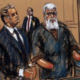 Islamist cleric Abu Hamza al-Masri is seen in this courtroom sketch standing with his lawyer Jeremy Schneider where he pleaded not guilty to Islamist cleric Abu Hamza al-Masri is seen in this courtroom sketch standing with his lawyer Jeremy Schneider where he pleaded not guilty to