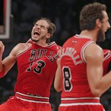 Chicago Bulls center Joakim Noah (13) and Chicago Bulls guard Marco Belinelli celebrate after they beat the Brooklyn Nets to advance to the Chicago Bulls center Joakim Noah (13) and Chicago Bulls guard Marco Belinelli celebrate after they beat the Brooklyn Nets to advance to the