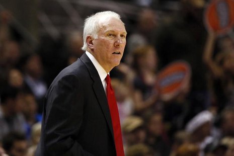 Dec 13, 2013; San Antonio, TX, USA; San Antonio Spurs head coach Gregg Popovich reacts during the second half against the Minnesota Timberwo Dec 13, 2013; San Antonio, TX, USA; San Antonio Spurs head coach Gregg Popovich reacts during the second half against the Minnesota Timberwo