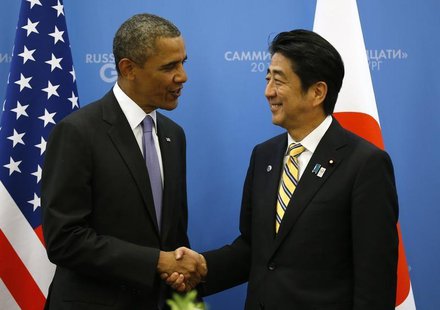 U.S. President Barack Obama (L) shakes hands with Japanese Prime Minister Shinzo Abe at the G20 Summit in St. Petersburg, Russia September 5 U.S. President Barack Obama (L) shakes hands with Japanese Prime Minister Shinzo Abe at the G20 Summit in St. Petersburg, Russia September 5