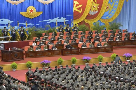 North Korean leader Kim Jong Un (front row on stage, 5th L) speaks while presiding over the first meeting of the airpersons of the Korean Pe North Korean leader Kim Jong Un (front row on stage, 5th L) speaks while presiding over the first meeting of the airpersons of the Korean Pe
