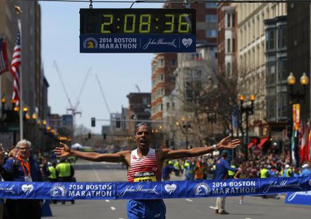 Meb Keflezighi of the U.S. reacts as he comes to the finish line at the 118th running of the Boston Marathon in Boston, Massachusetts April 21, 2014.
CREDIT: REUTERS/BRIAN SNYDER Meb Keflezighi of the U.S. reacts as he comes to the finish line at the 118th running of the Boston Marathon in Boston, Massachusetts April 21, 2014.
CREDIT: REUTERS/BRIAN SNYDER
