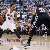 Apr 22, 2014; Toronto, Ontario, CAN; Toronto Raptors guard DeMar DeRozan (10) controls the ball against Brooklyn Nets forward Paul Pierce (3 Apr 22, 2014; Toronto, Ontario, CAN; Toronto Raptors guard DeMar DeRozan (10) controls the ball against Brooklyn Nets forward Paul Pierce (3