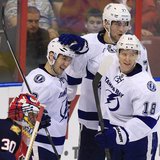 Dec 23, 2013; Sunrise, FL, USA; Tampa Bay Lightning center Tyler Johnson (9) celebrates his goal against Florida Panthers goalie Scott Clemm Dec 23, 2013; Sunrise, FL, USA; Tampa Bay Lightning center Tyler Johnson (9) celebrates his goal against Florida Panthers goalie Scott Clemm