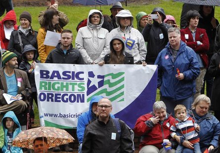 Supporters of same-sex marriage gather for a rally in Portland, Oregon April 22, 2014. REUTERS/Steve Dipaola Supporters of same-sex marriage gather for a rally in Portland, Oregon April 22, 2014. REUTERS/Steve Dipaola