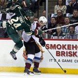 Apr 21, 2014; Saint Paul, MN, USA; Minnesota Wild forward Matt Cooke (24) hits Colorado Avalanche defenseman Nick Holden (2) during the firs Apr 21, 2014; Saint Paul, MN, USA; Minnesota Wild forward Matt Cooke (24) hits Colorado Avalanche defenseman Nick Holden (2) during the firs
