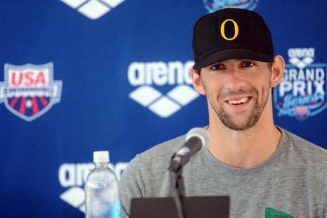 Apr 24, 2014; Mesa, AZ, USA; Michael Phelps addresses the media after the men's 100m butterfly race at the 2014 USA Swimming Grand Prix Seri Apr 24, 2014; Mesa, AZ, USA; Michael Phelps addresses the media after the men's 100m butterfly race at the 2014 USA Swimming Grand Prix Seri