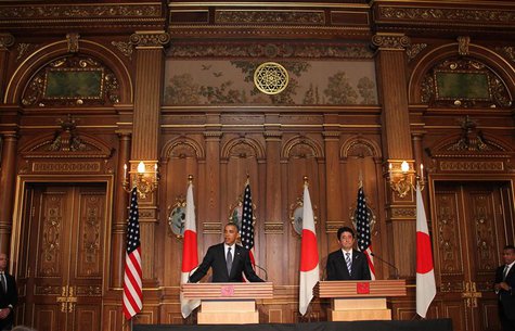 U.S. President Barack Obama (L) attends a news conference with Japanese Prime Minister Shinzo Abe at the Akasaka guesthouse in Tokyo April 2 U.S. President Barack Obama (L) attends a news conference with Japanese Prime Minister Shinzo Abe at the Akasaka guesthouse in Tokyo April 2