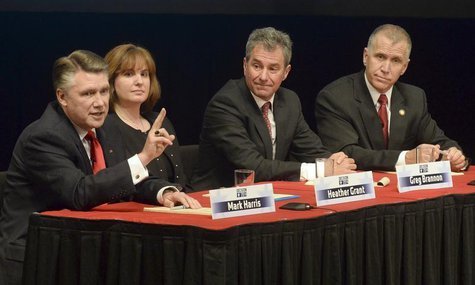 North Carolina U.S. Senatorial republican candidate Mark Harris (L), answers a question as Thom Tillis (R), Greg Brannon (2nd R), and Heathe North Carolina U.S. Senatorial republican candidate Mark Harris (L), answers a question as Thom Tillis (R), Greg Brannon (2nd R), and Heathe