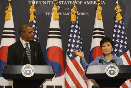 U.S. President Barack Obama listens to South Korean President Park Geun-hye at a joint news conference at the Blue House in Seoul April 25, U.S. President Barack Obama listens to South Korean President Park Geun-hye at a joint news conference at the Blue House in Seoul April 25,