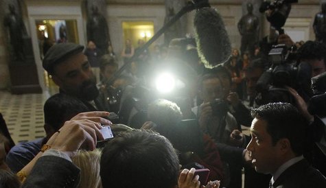 U.S. Representative Michael Grimm (R-NY) (R) talks to the media after meeting with House Speaker John Boehner (R-OH) to discuss the relief f U.S. Representative Michael Grimm (R-NY) (R) talks to the media after meeting with House Speaker John Boehner (R-OH) to discuss the relief f