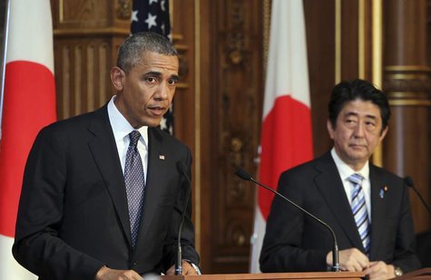U.S. President Barack Obama (L) attends a news conference with Japanese Prime Minister Shinzo Abe (R) at the Akasaka guesthouse in Tokyo Apr U.S. President Barack Obama (L) attends a news conference with Japanese Prime Minister Shinzo Abe (R) at the Akasaka guesthouse in Tokyo Apr