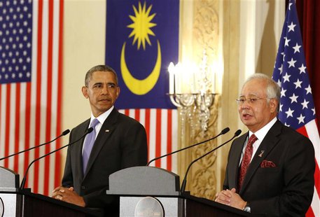 U.S. President Barack Obama and Malaysian Prime Minister Najib Razak participate in a joint news conference at the Perdana Putra Building in U.S. President Barack Obama and Malaysian Prime Minister Najib Razak participate in a joint news conference at the Perdana Putra Building in