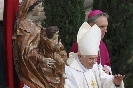 Former Pope Benedict XVI arrives to attend the canonisation ceremony of Popes John XXIII and John Paul II to start in St. Peter's Square at Former Pope Benedict XVI arrives to attend the canonisation ceremony of Popes John XXIII and John Paul II to start in St. Peter's Square at