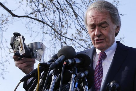 U.S. Senator Edward Markey (D-MA) holds a General Motors ignition assembly as he joins family members of victims of the GM recall failure fo U.S. Senator Edward Markey (D-MA) holds a General Motors ignition assembly as he joins family members of victims of the GM recall failure fo
