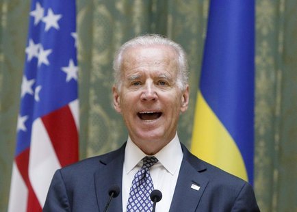 U.S. Vice President Joe Biden speaks during a media briefing after a meeting with Ukraine's Prime Minister Arseny Yatseniuk in Kiev, April 2 U.S. Vice President Joe Biden speaks during a media briefing after a meeting with Ukraine's Prime Minister Arseny Yatseniuk in Kiev, April 2