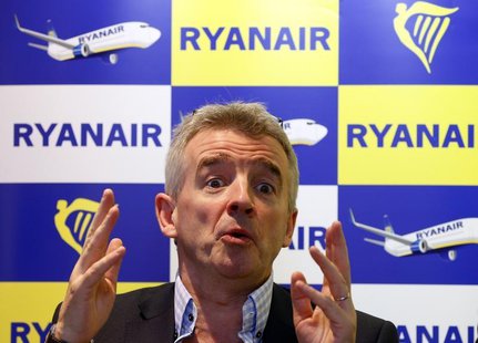 Ryanair Chief Executive Officer Michael O'Leary gestures during a news conference in Brussels January 22, 2014. REUTERS/Yves Herman Ryanair Chief Executive Officer Michael O'Leary gestures during a news conference in Brussels January 22, 2014. REUTERS/Yves Herman