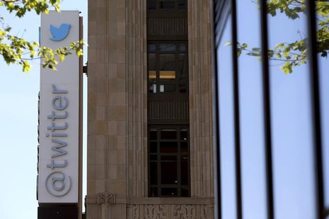 The Twitter logo is pictured at its headquarters on Market Street in San Francisco, California April 29, 2014. REUTERS/Robert Galbraith The Twitter logo is pictured at its headquarters on Market Street in San Francisco, California April 29, 2014. REUTERS/Robert Galbraith