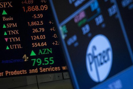 The ticker symbol for AstraZeneca is displayed next to a ticker for Pfizer on the floor of the New York Stock Exchange April 28, 2014. REUTE The ticker symbol for AstraZeneca is displayed next to a ticker for Pfizer on the floor of the New York Stock Exchange April 28, 2014. REUTE