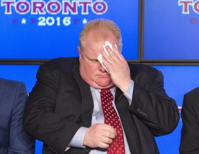 Toronto Mayor Rob Ford wipes his face during an announcement that the Toronto Raptors will host the 2016 NBA All-Star game in Toronto in this file photo taken September 30, 2013.
CREDIT: REUTERS/MARK BLINCH/FILES Toronto Mayor Rob Ford wipes his face during an announcement that the Toronto Raptors will host the 2016 NBA All-Star game in Toronto in this file photo taken September 30, 2013.
CREDIT: REUTERS/MARK BLINCH/FILES