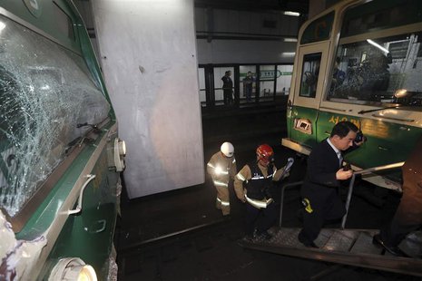 Damaged subway trains are seen at a subway station in Seoul May 2, 2014. REUTERS/Park Dong-ju/Yonhap Damaged subway trains are seen at a subway station in Seoul May 2, 2014. REUTERS/Park Dong-ju/Yonhap