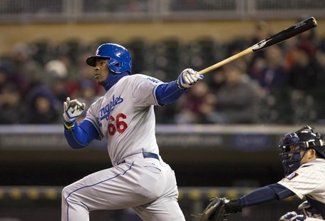 Apr 30, 2014; Minneapolis, MN, USA; Los Angeles Dodgers right fielder Yasiel Puig (66) hits a double in the seventh inning against the Minne Apr 30, 2014; Minneapolis, MN, USA; Los Angeles Dodgers right fielder Yasiel Puig (66) hits a double in the seventh inning against the Minne