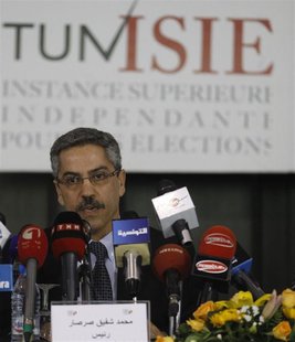 Chafik Sarsar, head of the Independent Election Commission (ISIE) speaks during a news conference in Tunis March 26, 2014. REUTERS/Zoubeir S Chafik Sarsar, head of the Independent Election Commission (ISIE) speaks during a news conference in Tunis March 26, 2014. REUTERS/Zoubeir S