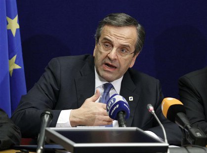 Greece's Prime Minister Antonis Samaras holds a news conference at the end of a European Union leaders summit in Brussels December 14, 2012. Greece's Prime Minister Antonis Samaras holds a news conference at the end of a European Union leaders summit in Brussels December 14, 2012.