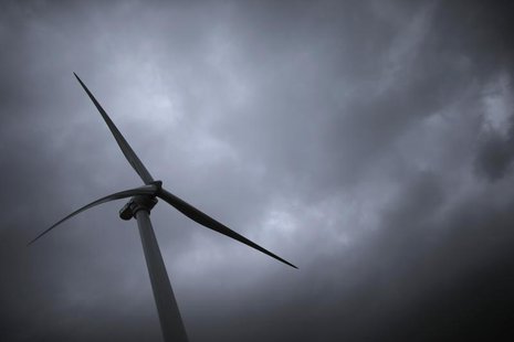 Rain clouds are seen in the sky where a Haliade 150 offshore wind turbine operates at Alstom's offshore wind site in Le Carnet, on the Loire Rain clouds are seen in the sky where a Haliade 150 offshore wind turbine operates at Alstom's offshore wind site in Le Carnet, on the Loire