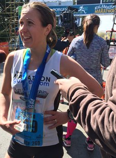 31-year-old Melissa Gillette from Goshen, Indiana was the first female winner in the 2014 Kalamazoo Marathon. 31-year-old Melissa Gillette from Goshen, Indiana was the first female winner in the 2014 Kalamazoo Marathon.
